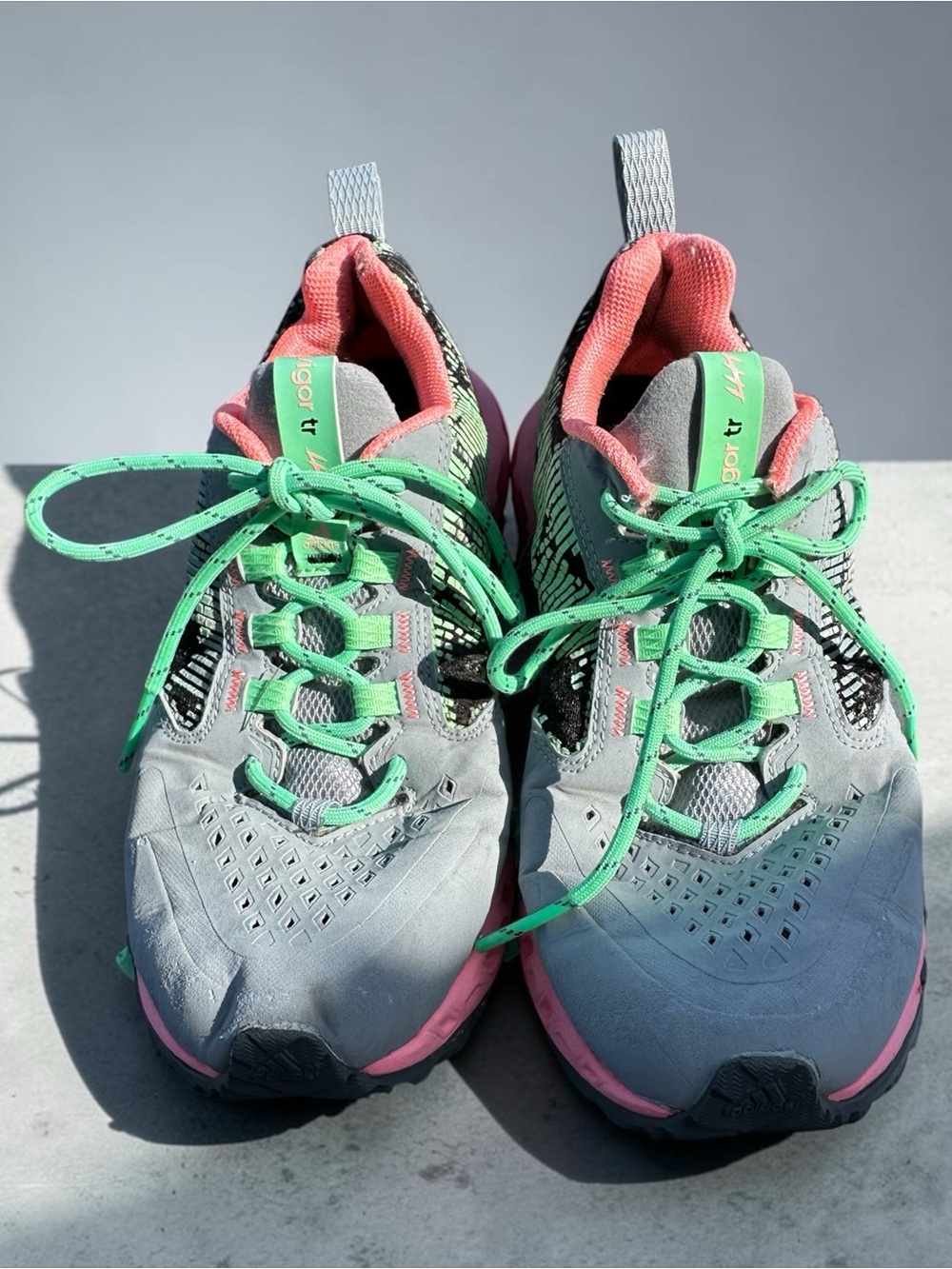 adidas Gray Sneakers with Pink Accents and‎ Mint Green Laces